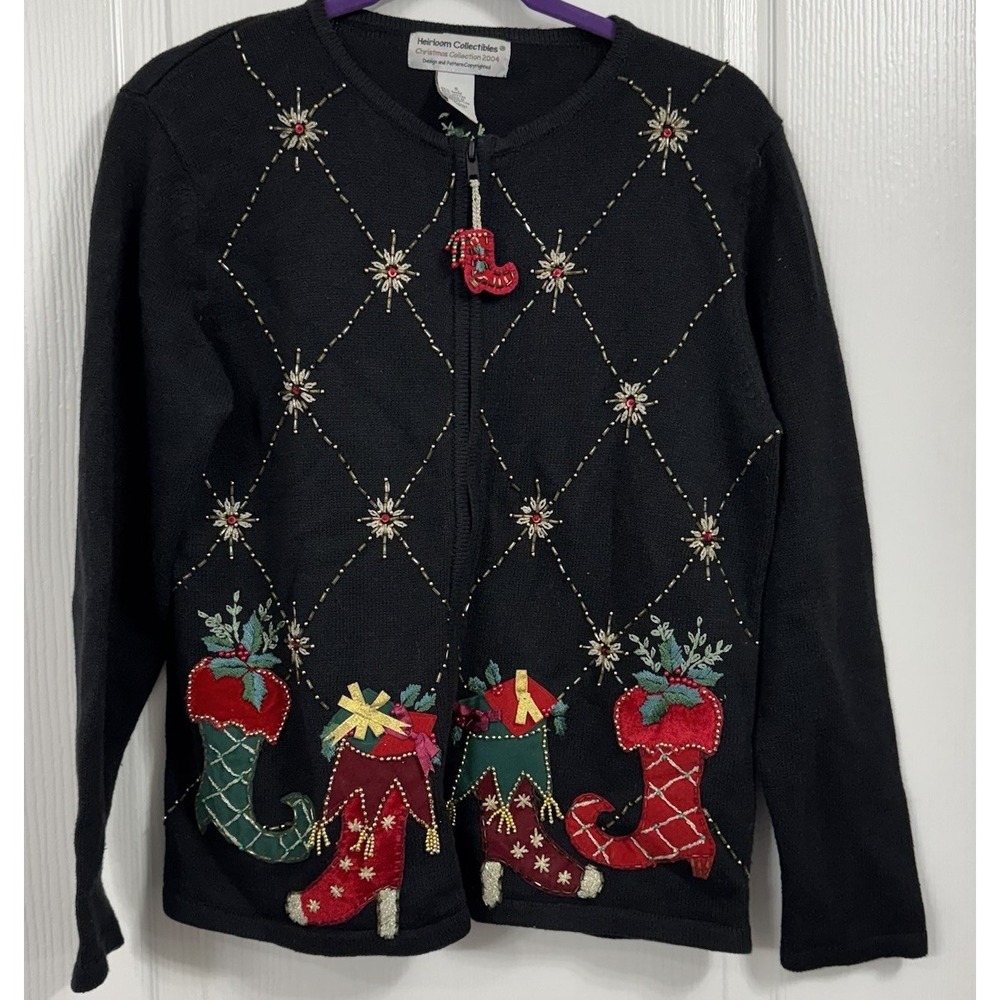 Vtg Heirloom Collectibles Grandmacore‎ Christmas Sweater Beaded Stockings Small